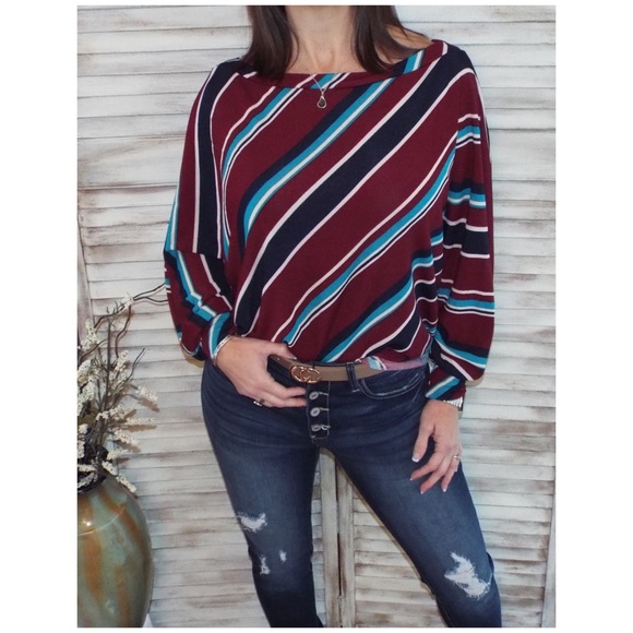 Striped Boatneck Dolman Off Shoulder Burgundy 0120 - Picture 5 of 11